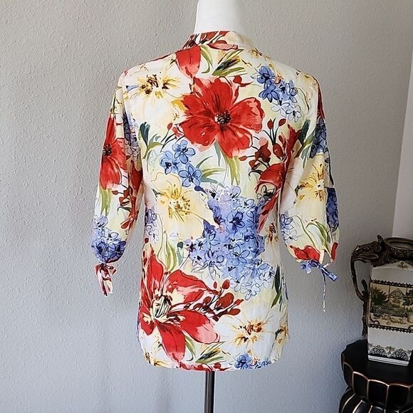 Tommy Bahama Floral 3/4 Long Sleeve Silk Cotton Blend Blouse - Picture 3 of 16